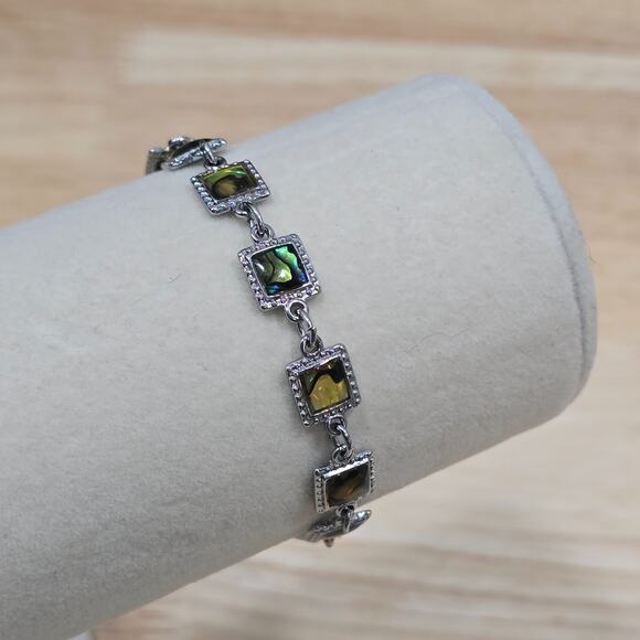 Mother of Pearl Abalone Shell Silver Tone Metal Link Chain 7" Bracelet Beachcore - Picture 1 of 12